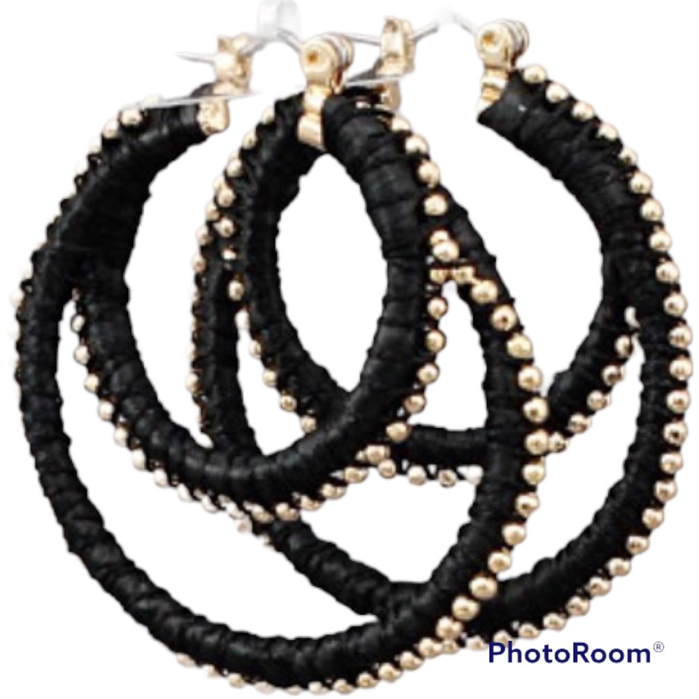Earrings GREAT GIFT Raffia & Ball 2 Circle with Gold Beads 1 1/2” long NEW